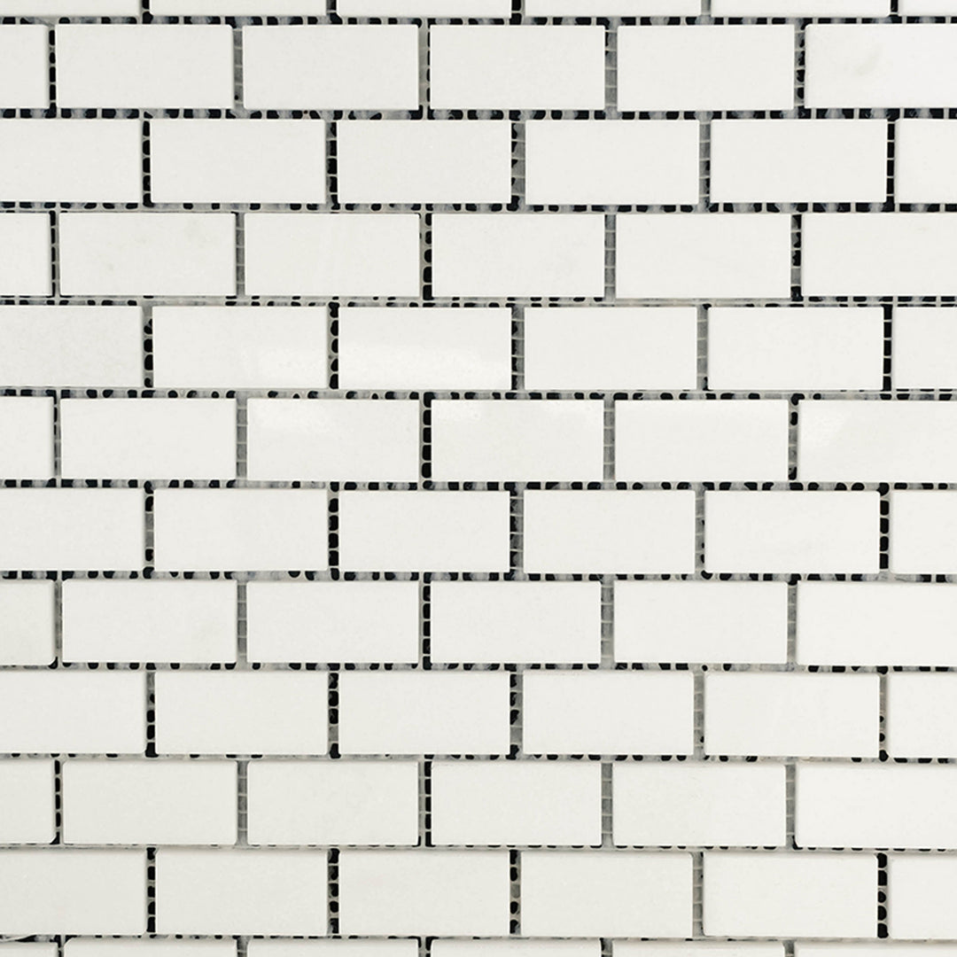 Overview of Thassos White Marble 1x2 Brick Polished Mosaic showing crisp rectangular tiles and a reflective surface.