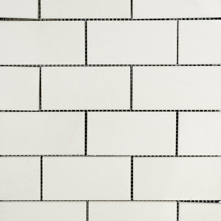 Overview of Thassos White Marble 2x4 Brick Polished Mosaic emphasizing bright white tones and a sleek polished layout.