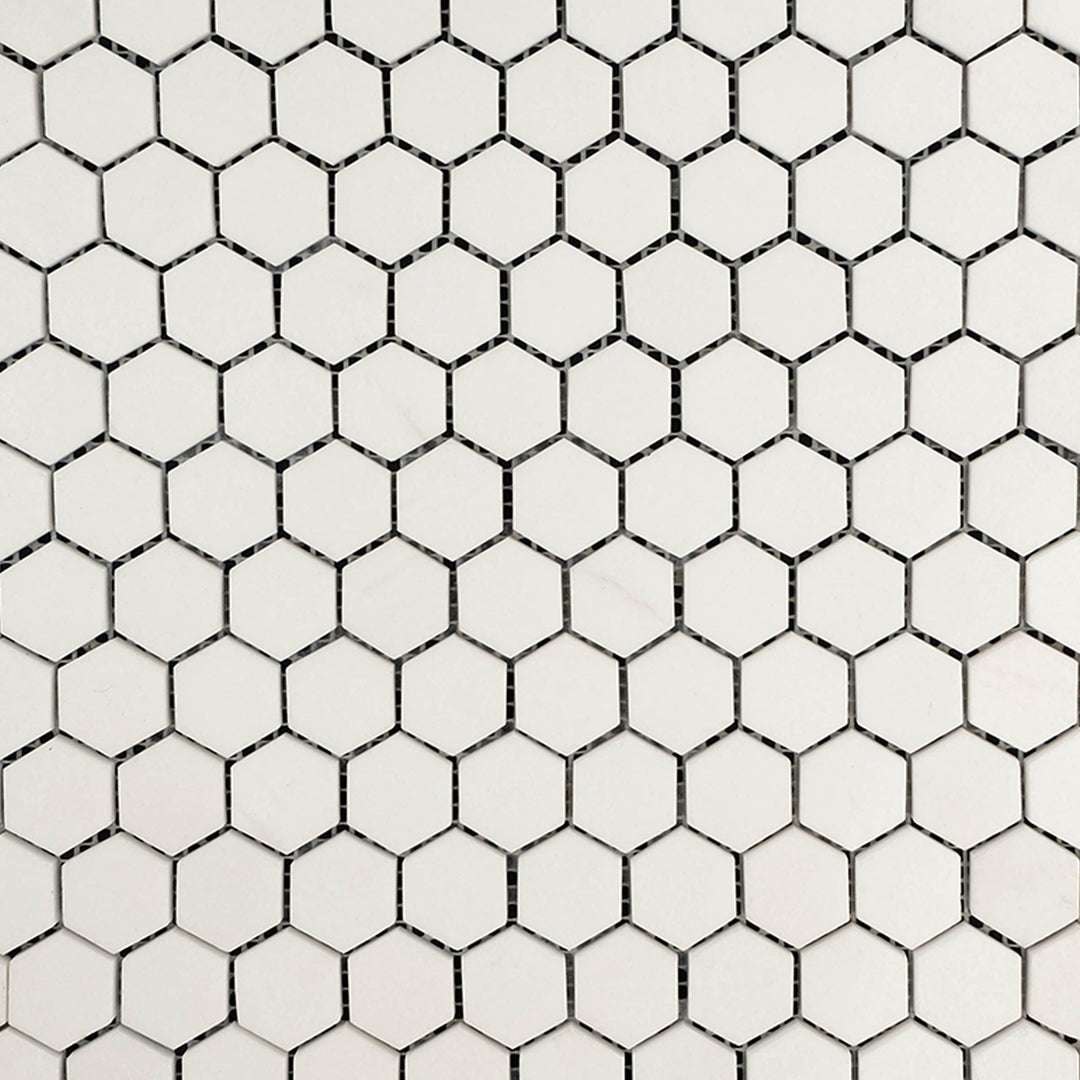 Clean view of Thassos White Marble 1" Hexagon Polished Mosaic highlighting bright white marble with a glossy hexagon layout.