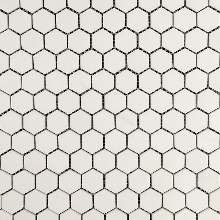 Clean view of Thassos White Marble 1" Hexagon Polished Mosaic highlighting bright white marble with a glossy hexagon layout.