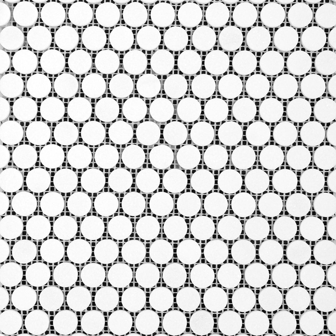 Overview of Thassos White Marble Penny Round Honed Mosaic presenting uniform circular marble tiles in a soft, honed texture.