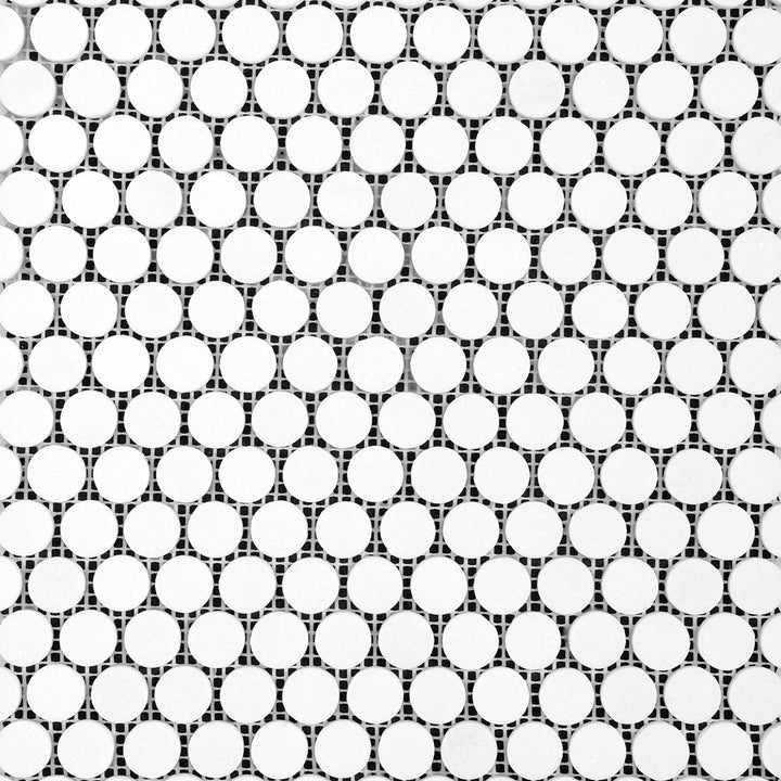 Overview of Thassos White Marble Penny Round Honed Mosaic presenting uniform circular marble tiles in a soft, honed texture.