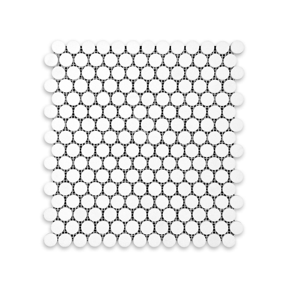 Thassos White Marble penny round mosaic in honed finish viewed from above, offering small circular tiles with a soft matte surface in pure white marble.