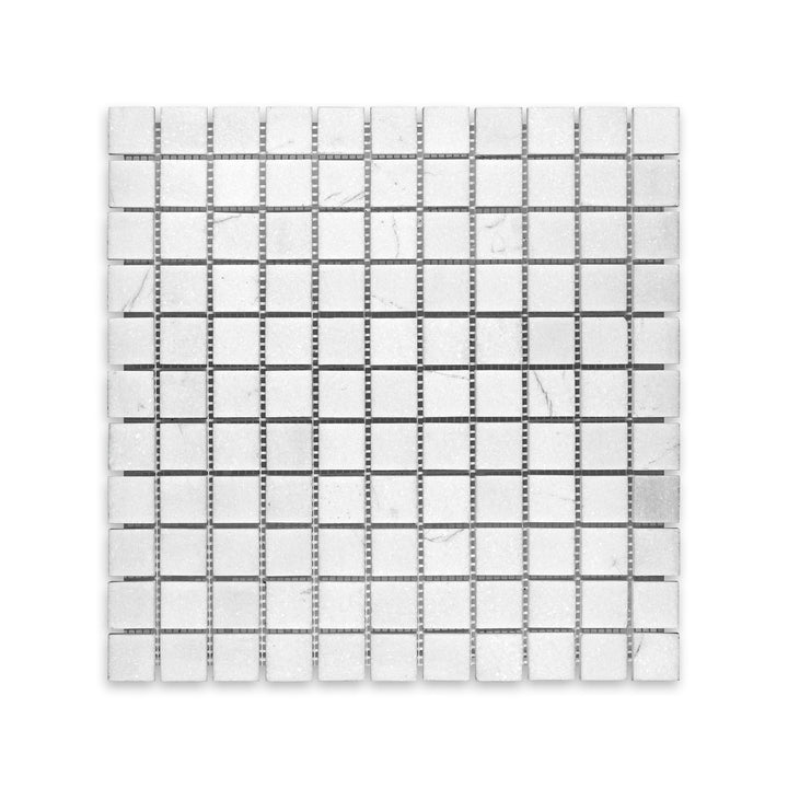 Overhead shot of Thassos White Marble 1 inch square mosaic in honed finish, featuring compact tiles with a clean grid and soft matte appearance.