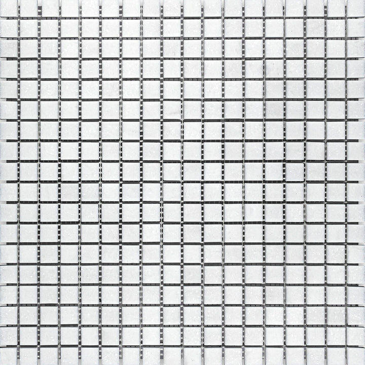 Surface view of Thassos White Marble 5/8" Square Honed Mosaic with tightly spaced small matte tiles creating a refined mosaic texture.