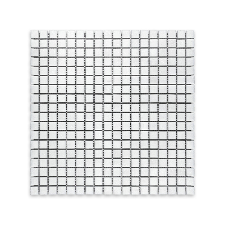 Overhead image of Thassos White Marble 5/8 inch square mosaic in honed finish, offering tightly spaced grid layout with soft white texture.