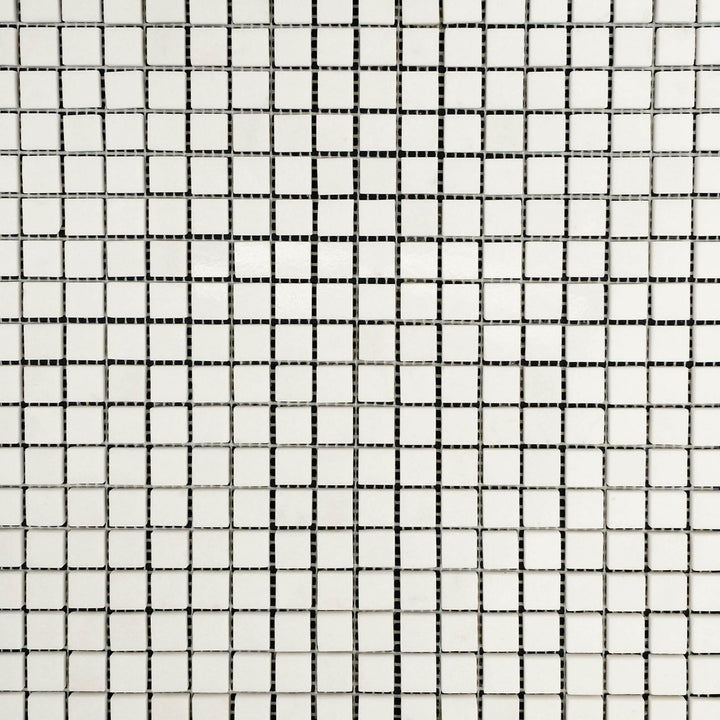 Clean view of Thassos White Marble 5/8" Square Polished Mosaic showcasing fine polished white tiles in a compact square mosaic pattern.