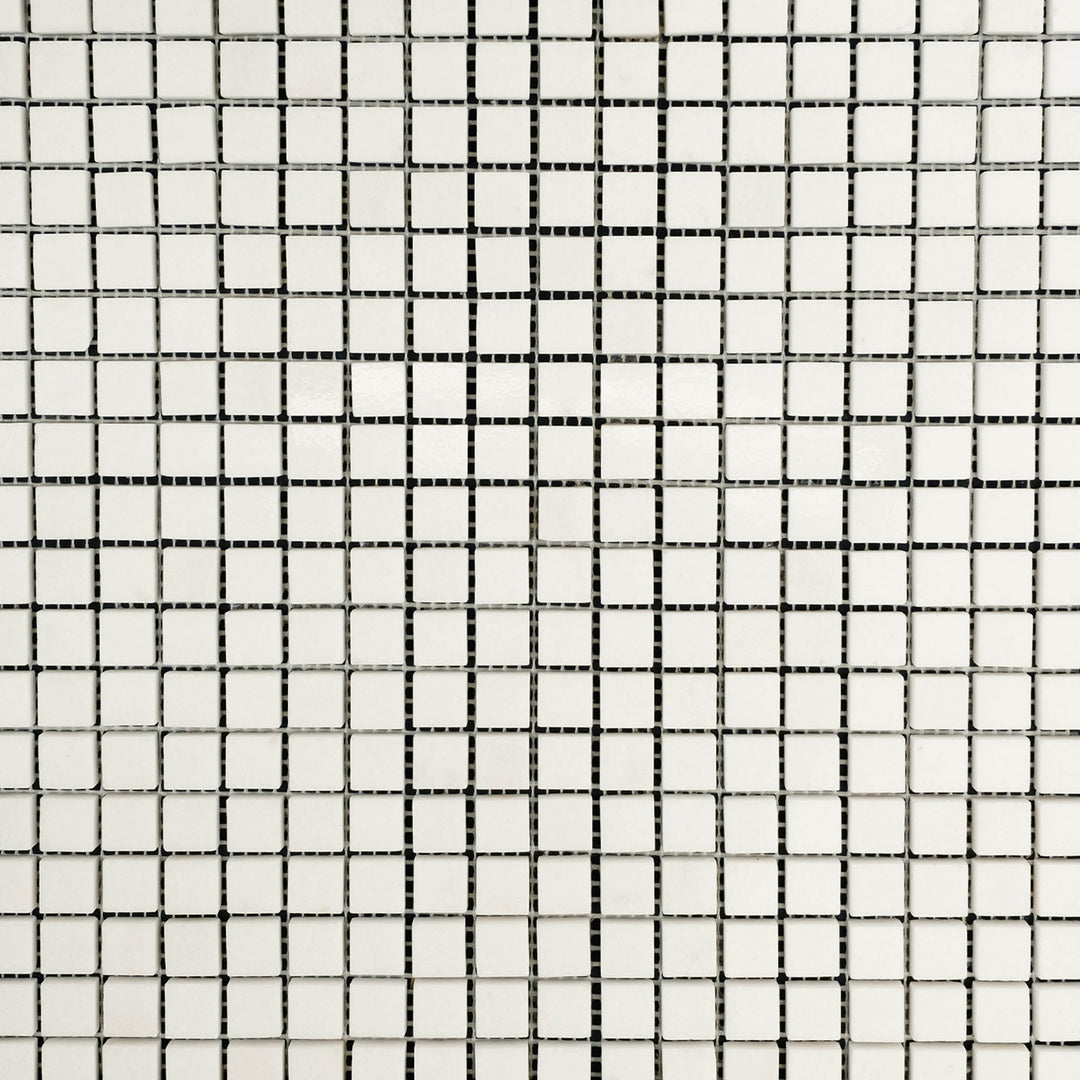Clean view of Thassos White Marble 5/8" Square Polished Mosaic showcasing fine polished white tiles in a compact square mosaic pattern.