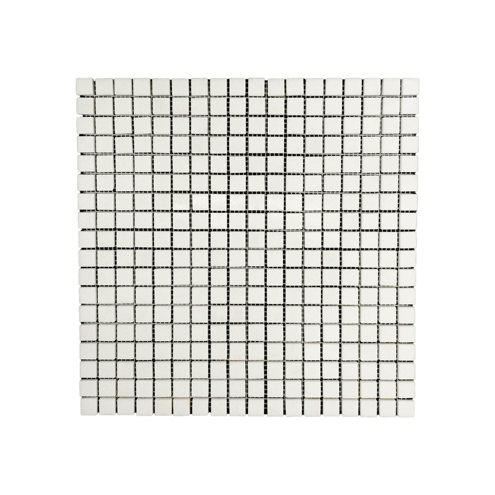 Top-down shot of Thassos White Marble 5/8 inch square mosaic in polished finish, presenting crisp white squares with a bright, reflective surface.