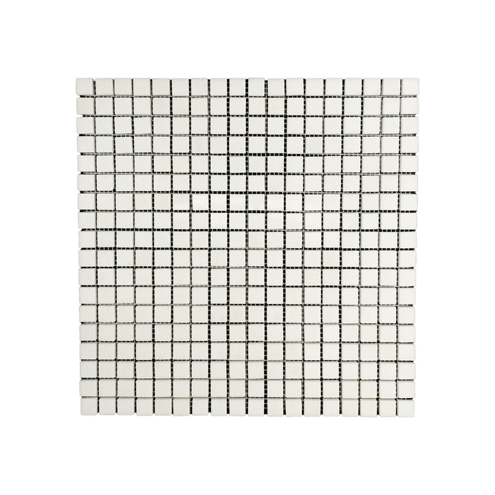 Top-down shot of Thassos White Marble 5/8 inch square mosaic in polished finish, presenting crisp white squares with a bright, reflective surface.