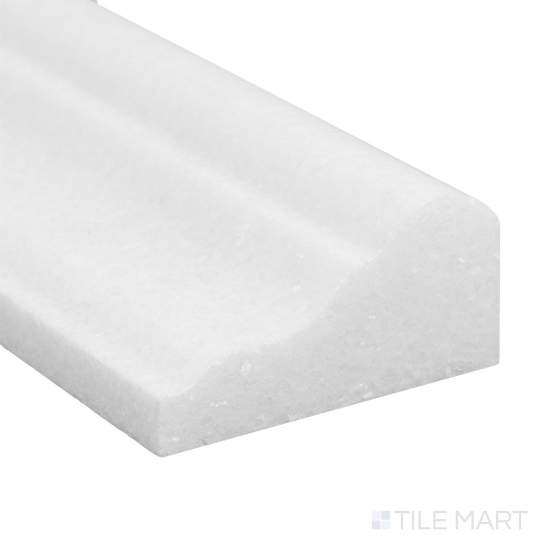 Polished to perfection, the Thassos White Marble 2x12 grand chair rail corner displays radiant brightness and smooth finish.