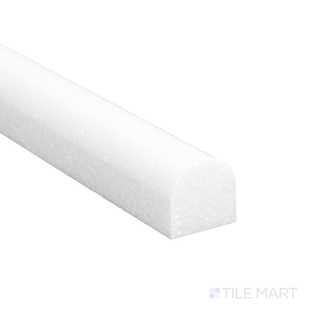 A close corner shot of Thassos White Marble 0.75x12 polished standard liner revealing a bright surface and clean edge.