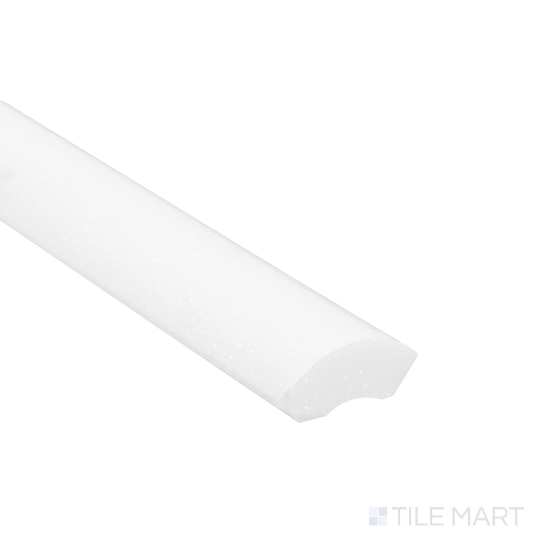 A close corner view of Thassos White Marble 1x12 honed quarter round showing smooth matte curve and crisp white tone.