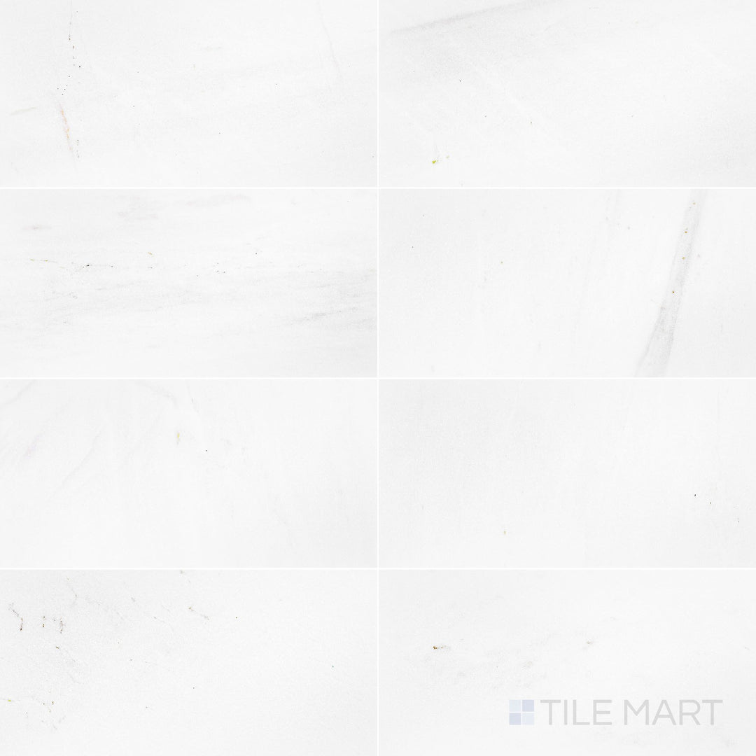 Thassos White Marble 12x24 polished tile displayed in full view, offering a luminous white tone and sleek polish for upscale interiors.