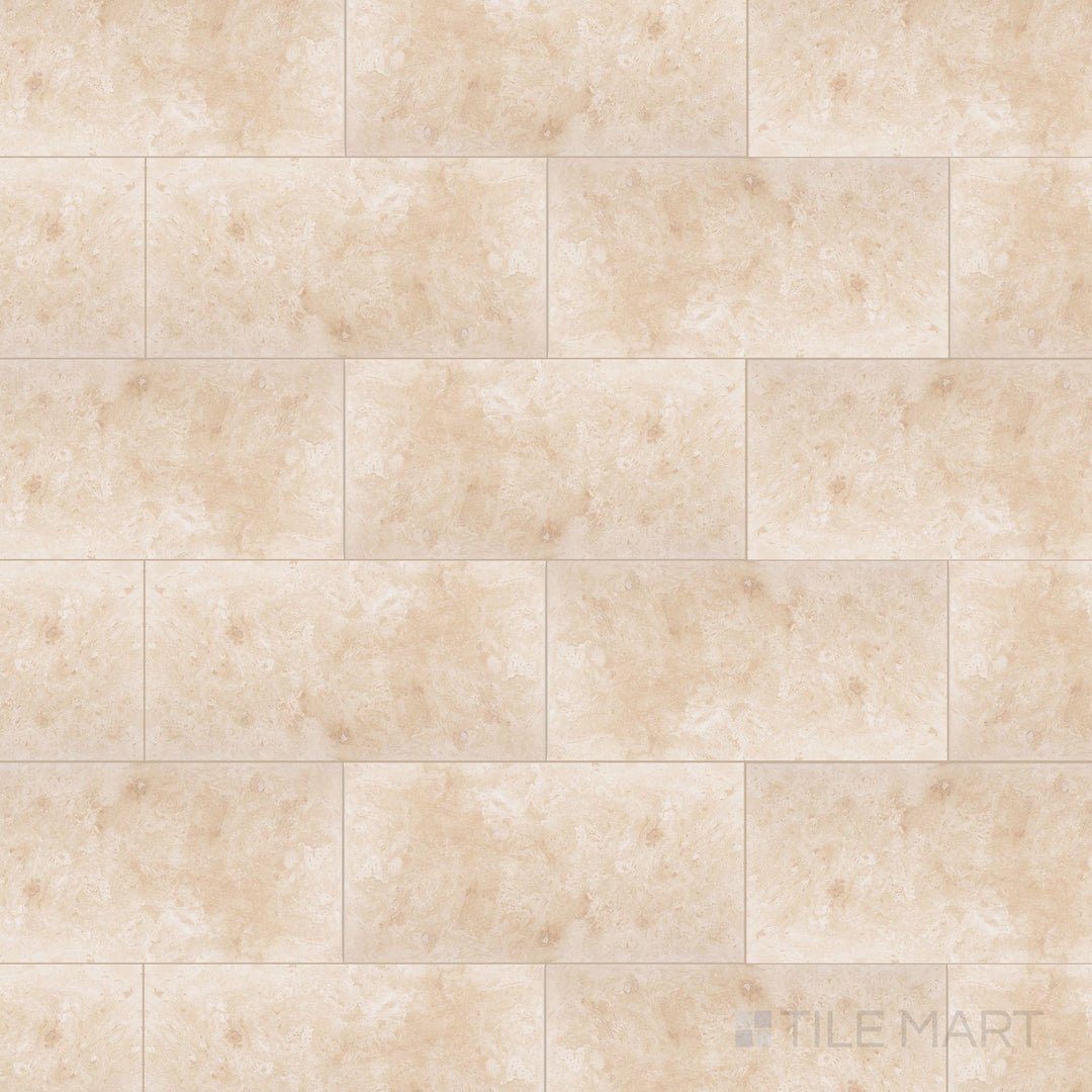 Ivory Premium Travertine 3x6 filled and honed tile in overview, presenting a compact format with soft beige tones and a smooth matte surface.