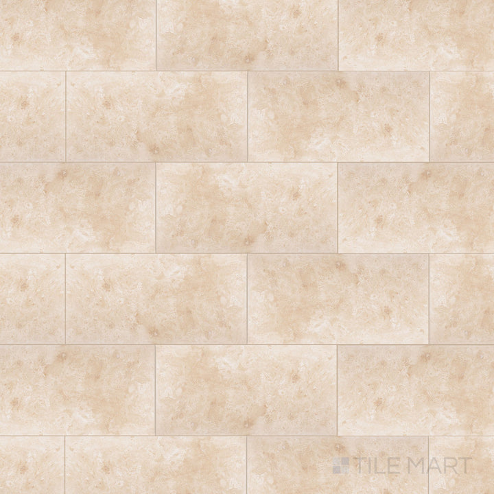 Ivory Premium Travertine 3x6 filled and honed tile in overview, presenting a compact format with soft beige tones and a smooth matte surface.