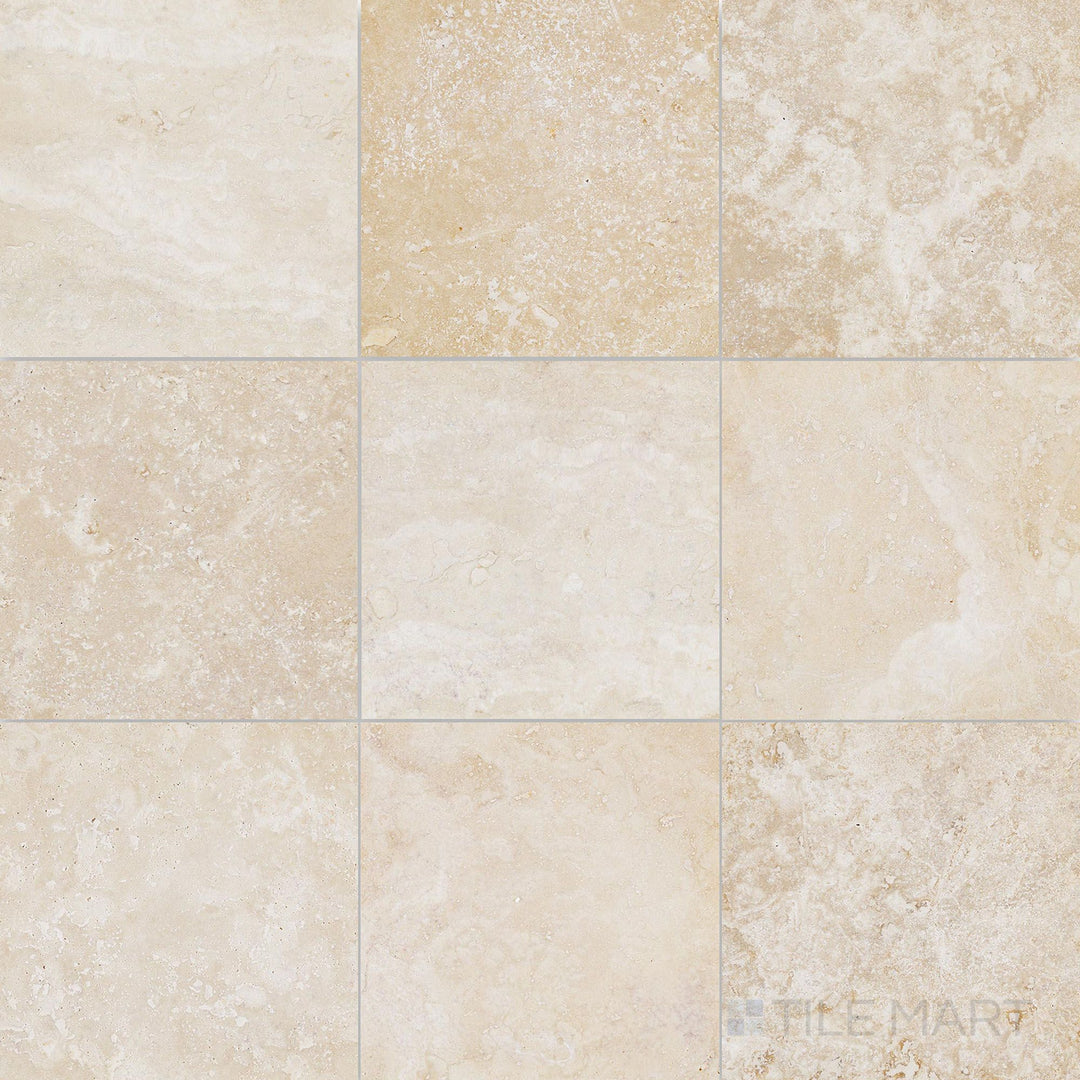 Clean view of Ivory Premium Travertine 4x4 Filled and Honed Tile featuring smooth beige surfaces with subtle variation and filled pores.