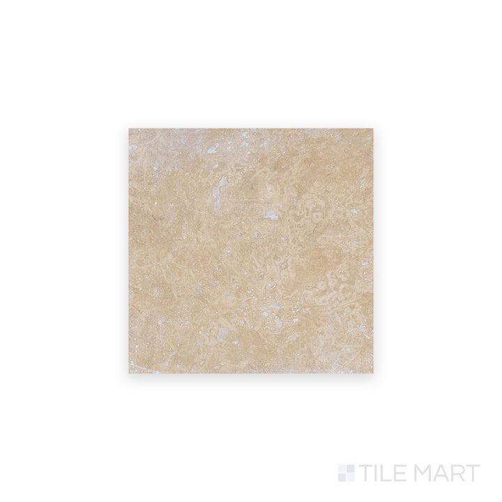 Top-down view of Ivory Premium Travertine 6x6 filled and honed tile, showcasing its warm beige tones and soft, filled texture.