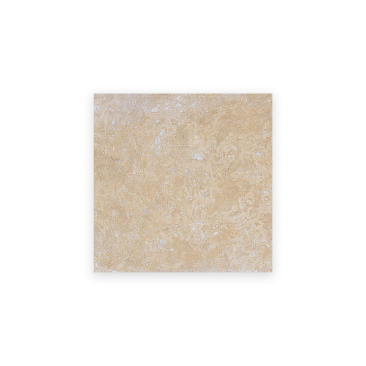 Ivory Premium Travertine 12x12 tile in filled and honed finish seen from above, offering a smooth, elegant surface with subtle natural movement.