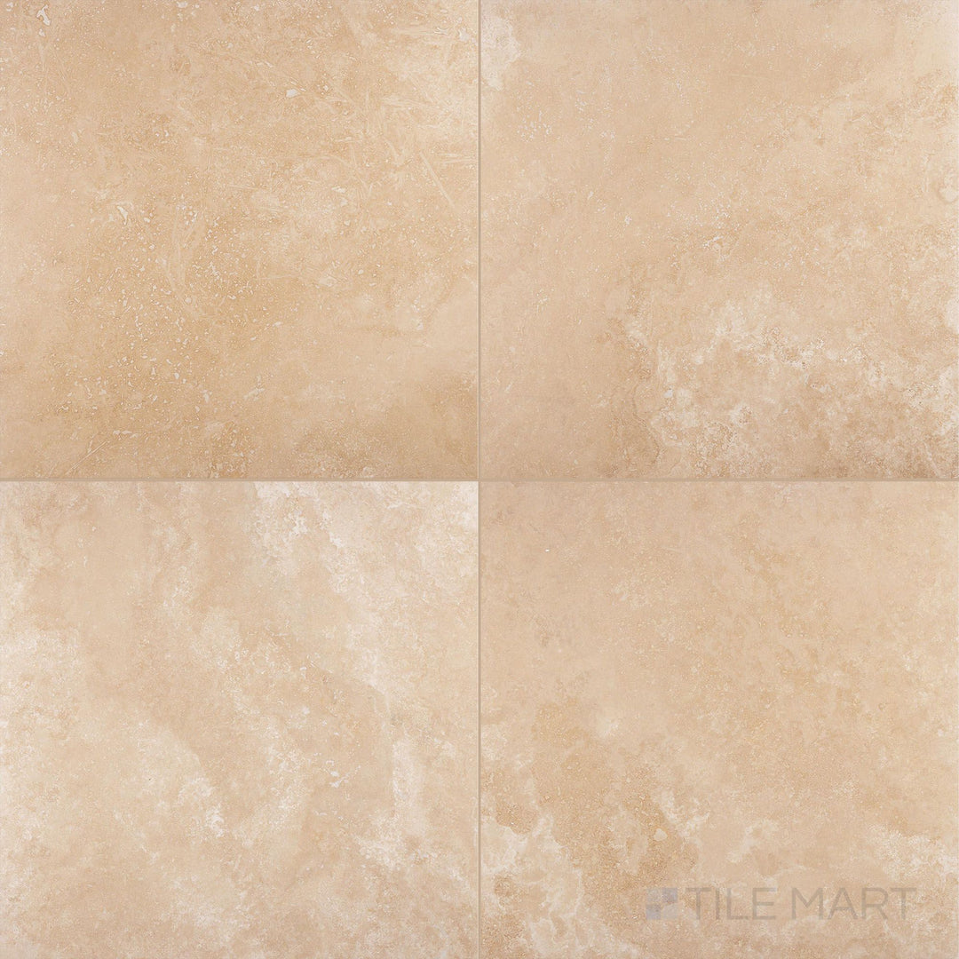 Ivory Premium Travertine 18x18 filled and honed tile shown in full layout, with creamy neutral tones and a subtle matte texture perfect for large spaces.