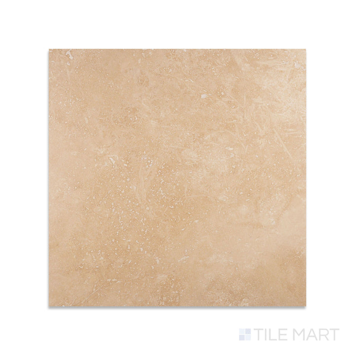 Overhead image of Ivory Premium Travertine 18x18 filled and honed tile, a large format beige stone with a soft matte finish and natural veining.