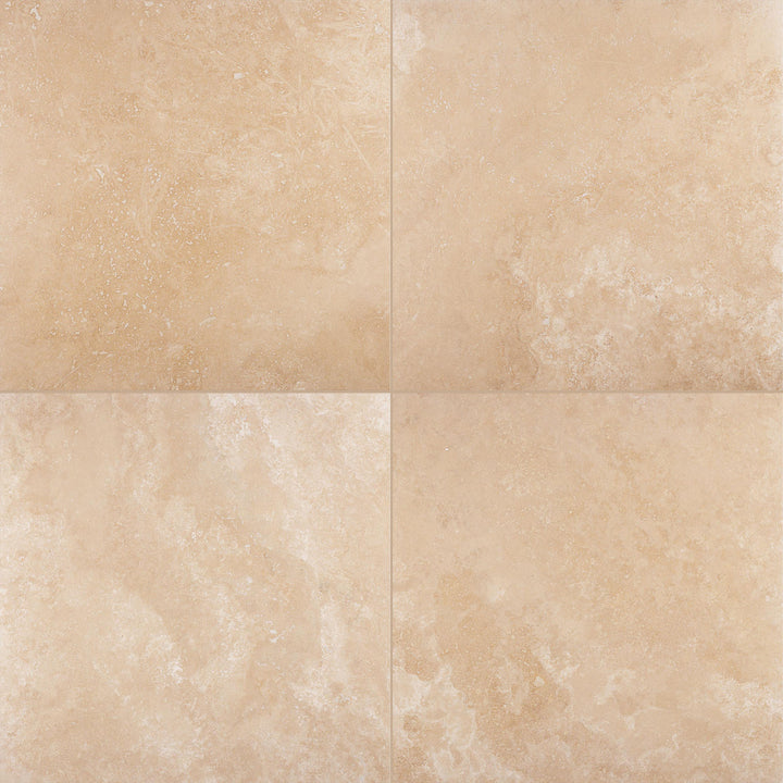 Surface view of Ivory Premium Travertine 24x24 Filled and Honed Tile offering a large, smooth stone surface in elegant ivory hues.