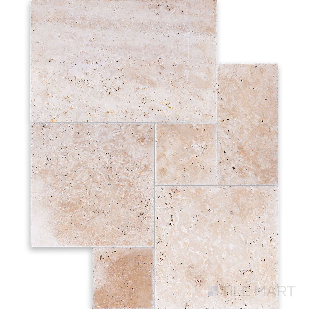 Full view of Ivory Premium Travertine Versailles Pattern Brushed and Chiseled Tile showing a multi-size layout with rustic texture and antique edges.