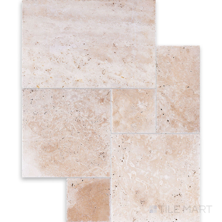 Full view of Ivory Premium Travertine Versailles Pattern Brushed and Chiseled Tile showing a multi-size layout with rustic texture and antique edges.
