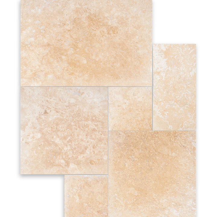 Overview of Ivory Premium Travertine Versailles Pattern Filled and Honed Tile presenting a smooth, elegant layout with filled pores and clean edges.
