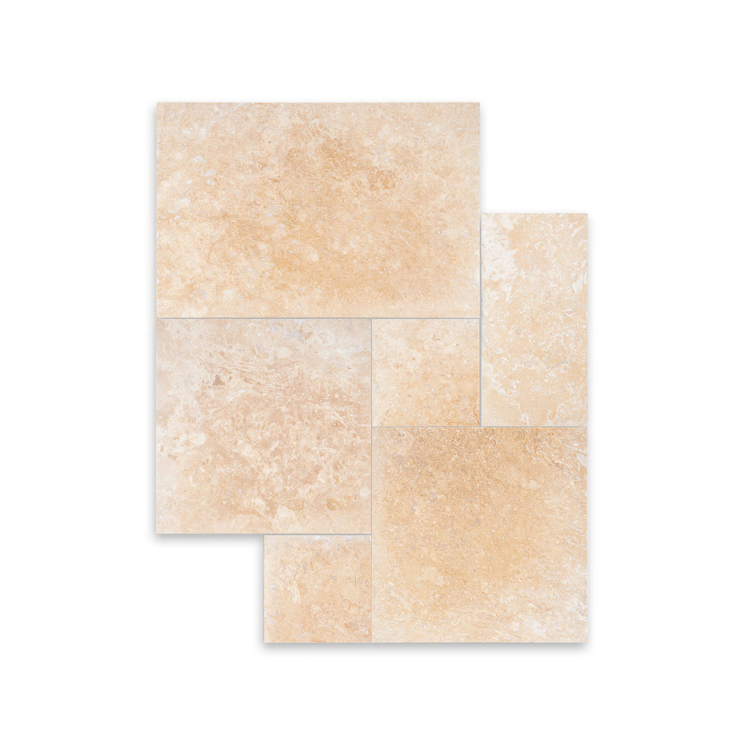 Overhead view of Ivory Premium Travertine Versailles pattern in filled and honed finish, combining classic layout with refined matte surfaces.
