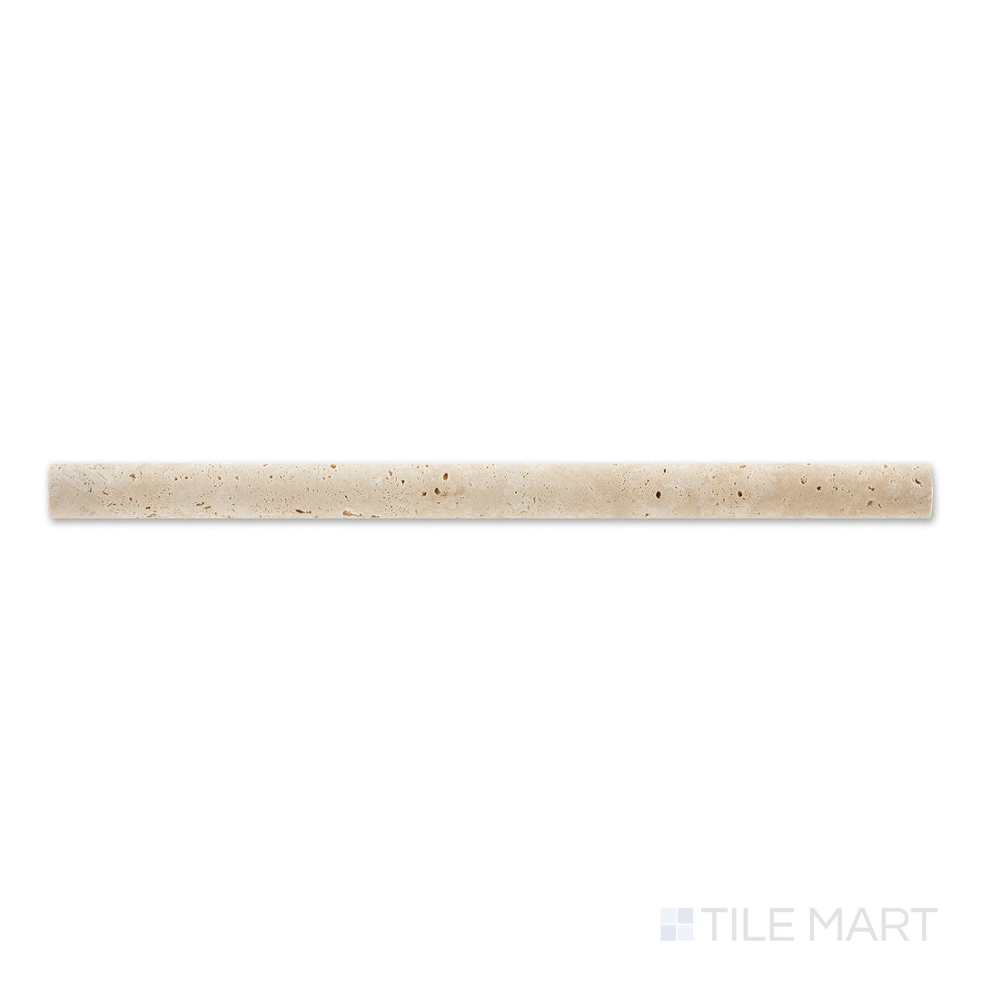 Overhead view of Ivory Premium Travertine 0.75x12 honed standard liner, a soft beige accent strip with subtle veining and a honed finish.