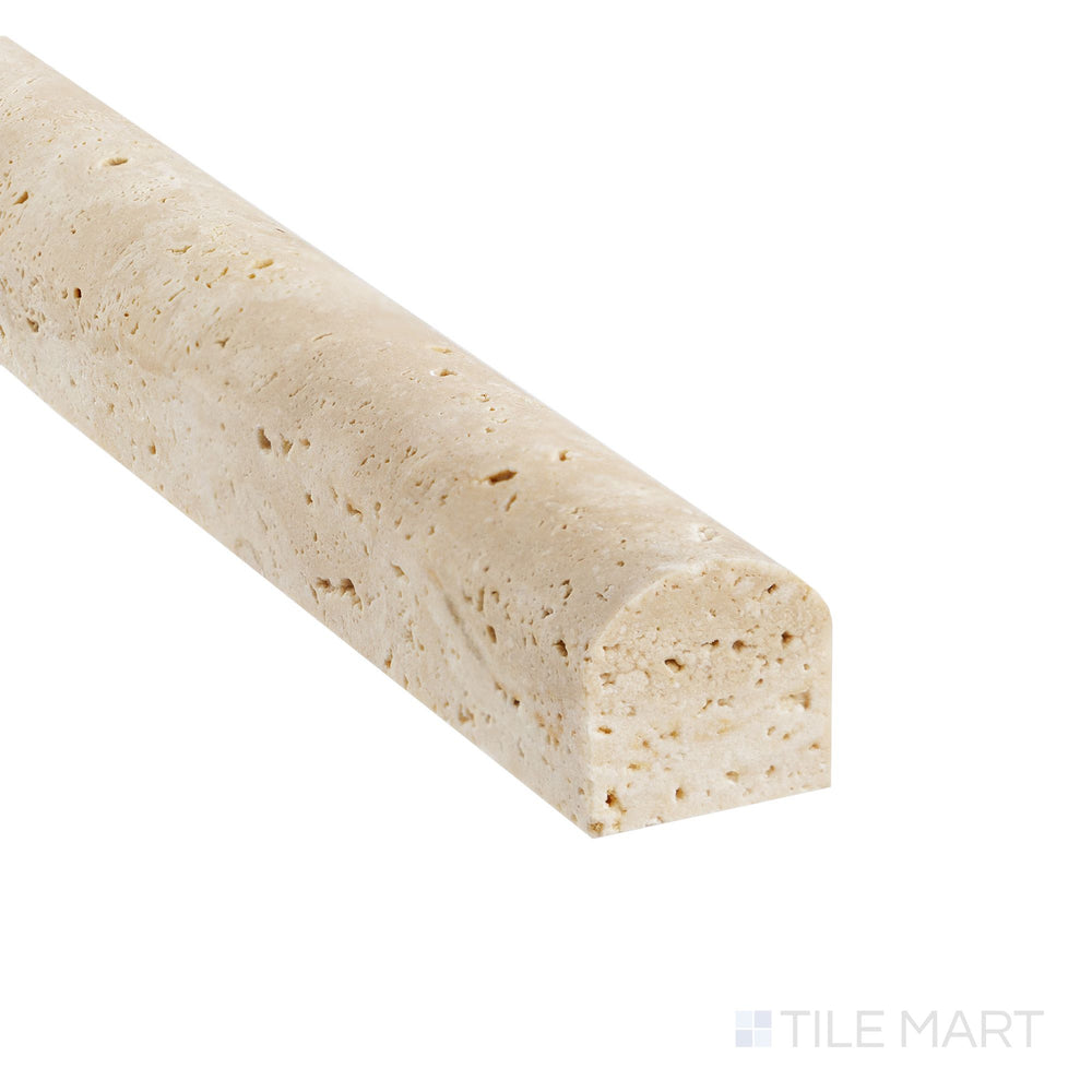 Corner detail of Ivory Premium Travertine 0.75x12 honed standard liner showing balanced matte tone and natural veining.