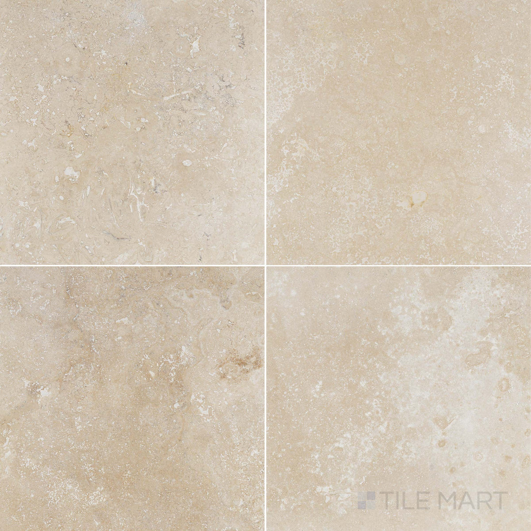 Overview of Vera Cruz Travertine 12x12 Filled and Honed Tile showcasing soft beige tones and a smooth, refined surface in square format.