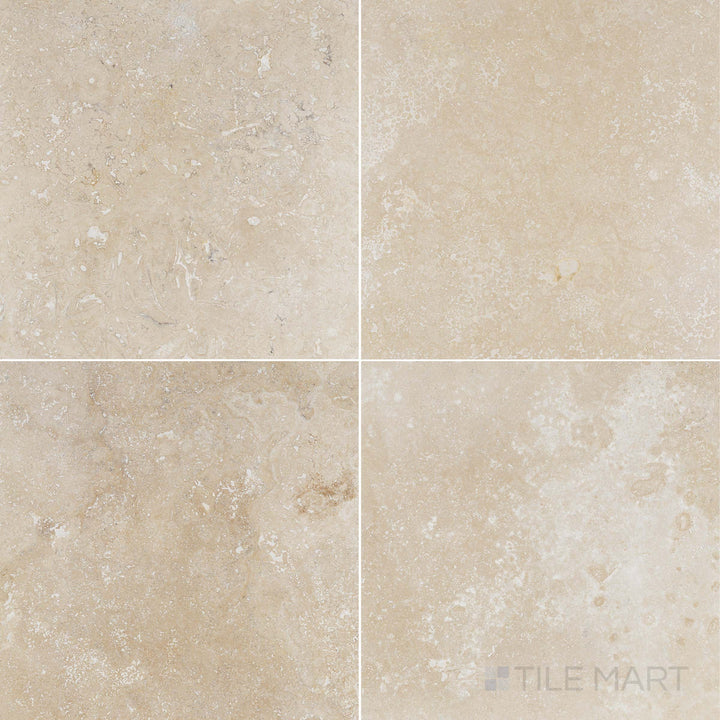 Overview of Vera Cruz Travertine 12x12 Filled and Honed Tile showcasing soft beige tones and a smooth, refined surface in square format.