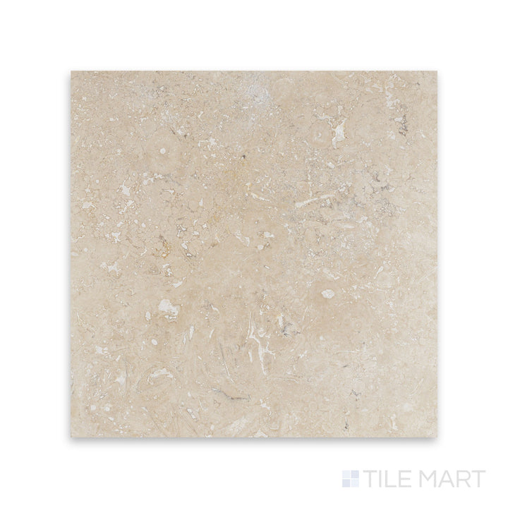 Top-down view of Vera Cruz Travertine 12x12 tile in filled and honed finish, showcasing smooth surface and neutral beige tones with natural veining.