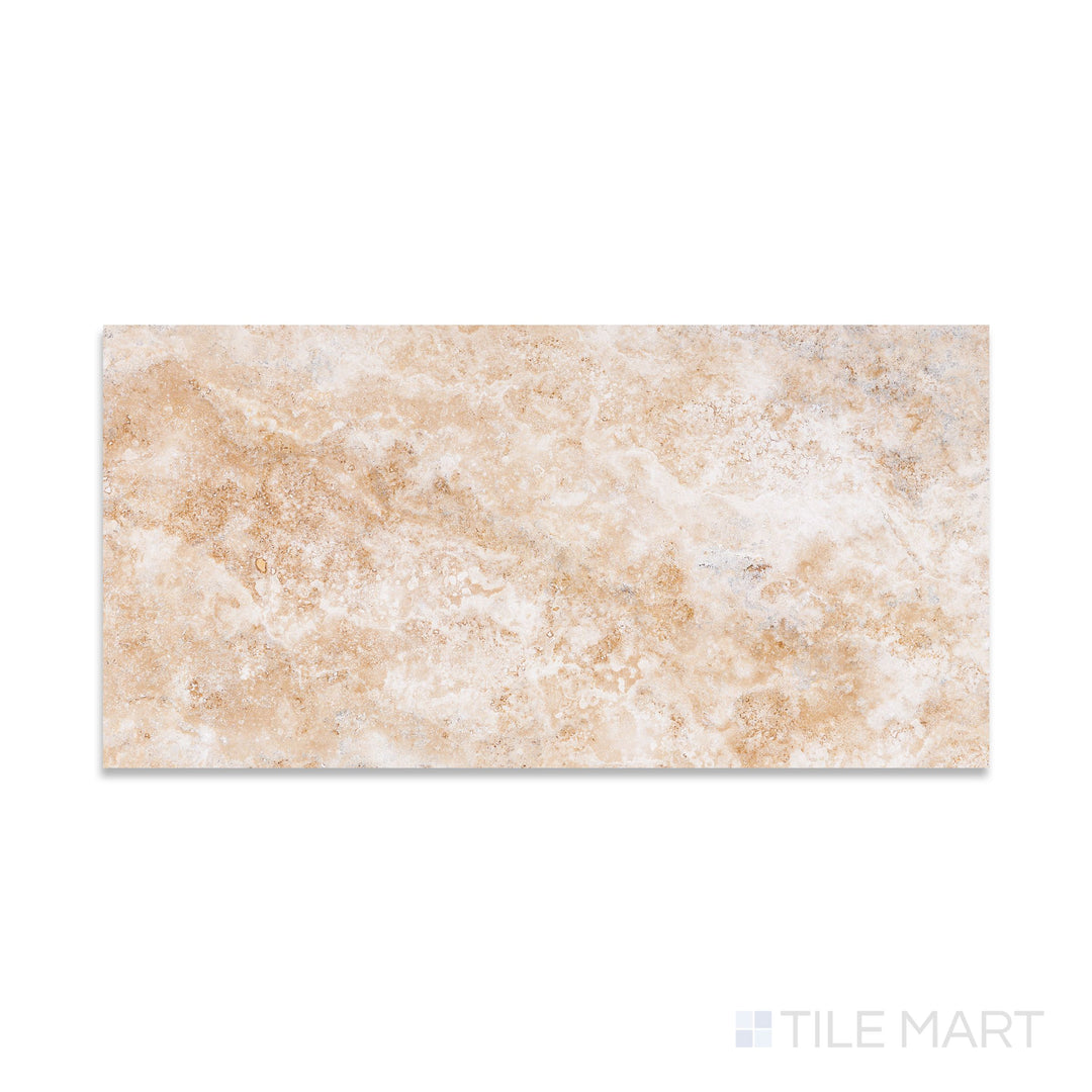 Vera Cruz Travertine 12x24 tile in filled and honed finish seen from above, offering elongated format with soft matte texture and elegant beige hue.