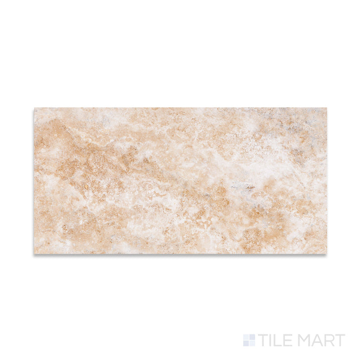 Vera Cruz Travertine 12x24 tile in filled and honed finish seen from above, offering elongated format with soft matte texture and elegant beige hue.