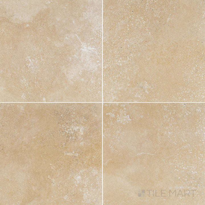 Clean view of Vera Cruz Travertine 16x16 Filled and Honed Tile highlighting warm natural stone with a subtle texture and modern square proportions.