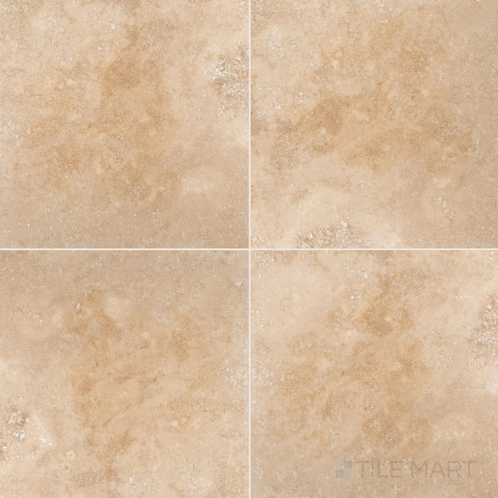 Overview of Vera Cruz Travertine 18x18 Filled and Honed Tile displaying balanced beige tones and polished uniformity in a classic large tile format.