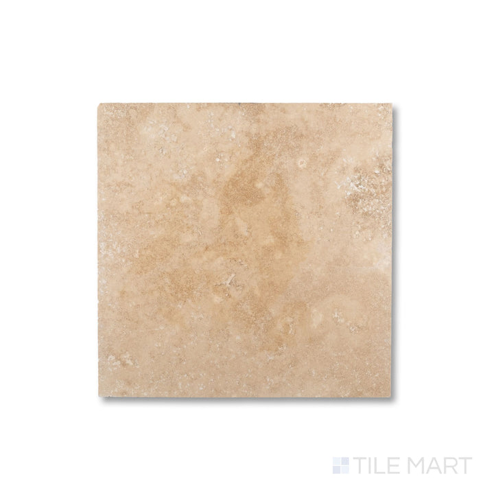 Top-down shot of Vera Cruz Travertine 18x18 tile in filled and honed finish, combining balanced dimensions and creamy beige coloration for timeless appeal.