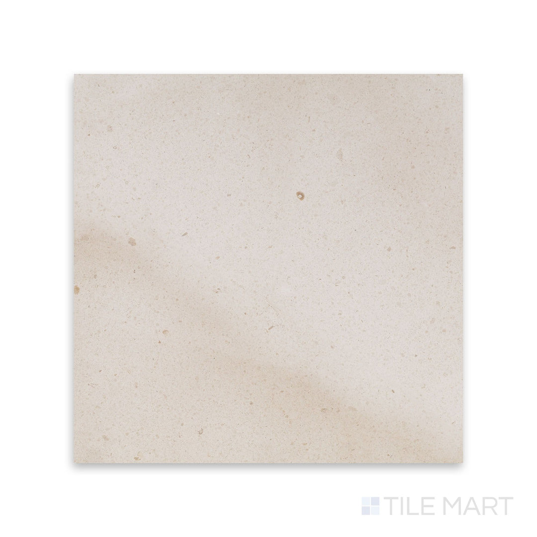 Top-down image of Crema Europa Limestone 18x18 tile in honed finish, featuring warm tones and clean finish ideal for neutral, calming spaces.