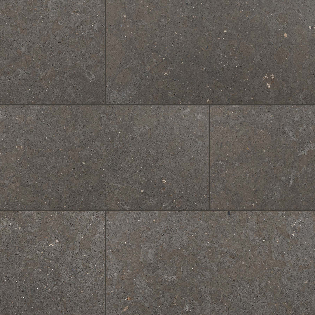 Full view of Lagos Blue Limestone 12x24 Honed Tile featuring cool undertones in a linear rectangular layout with refined matte texture.