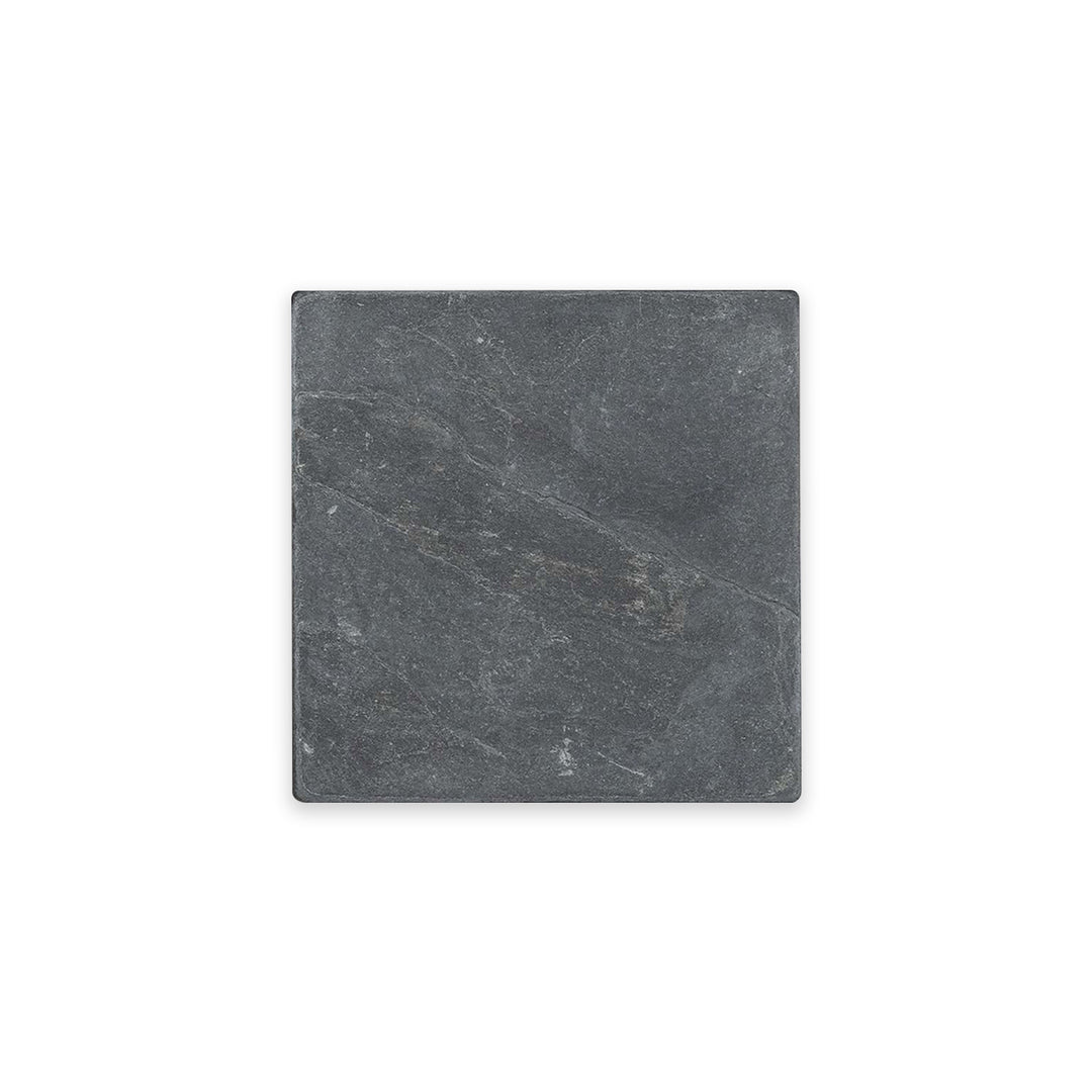 Top-down image of Indian Black Slate 6x6 tumbled tile, offering squared proportions with natural cleft finish and rich, dark coloring.