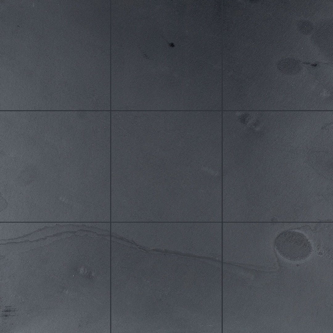 Full view of Indian Black Slate 12x12 Gauged Tile featuring a slightly textured surface and uniform black shade for a sleek look.