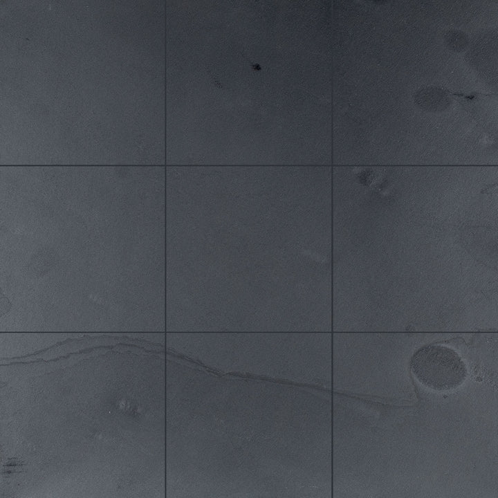 Full view of Indian Black Slate 12x12 Gauged Tile featuring a slightly textured surface and uniform black shade for a sleek look.