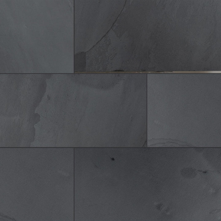 Clean view of Indian Black Slate 12x24 Gauged Tile showcasing a rectangular format with flat surface and deep black coloring.