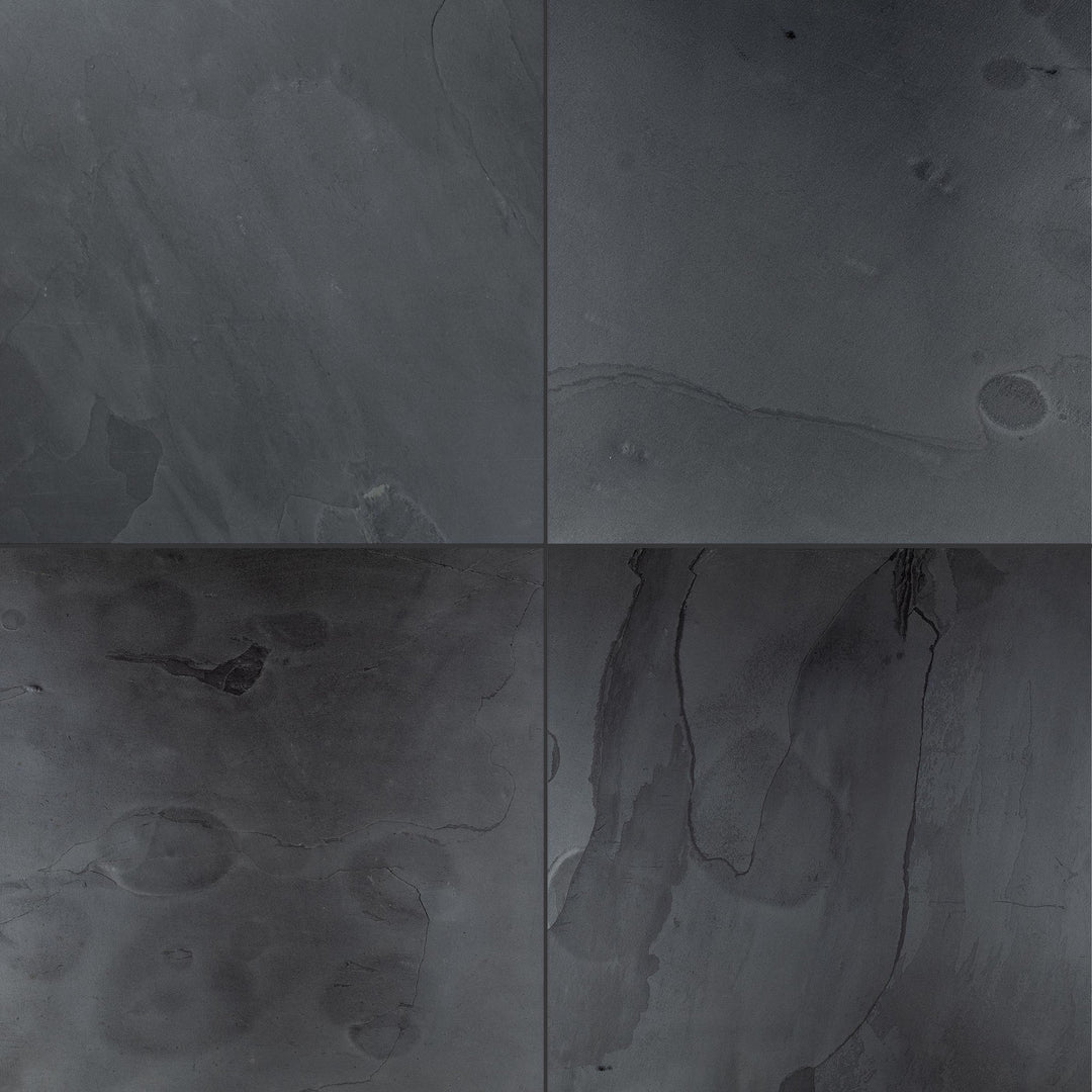 Full view of Indian Black Slate 24x24 Gauged Tile with bold black tone and subtle surface variation in a large square tile.