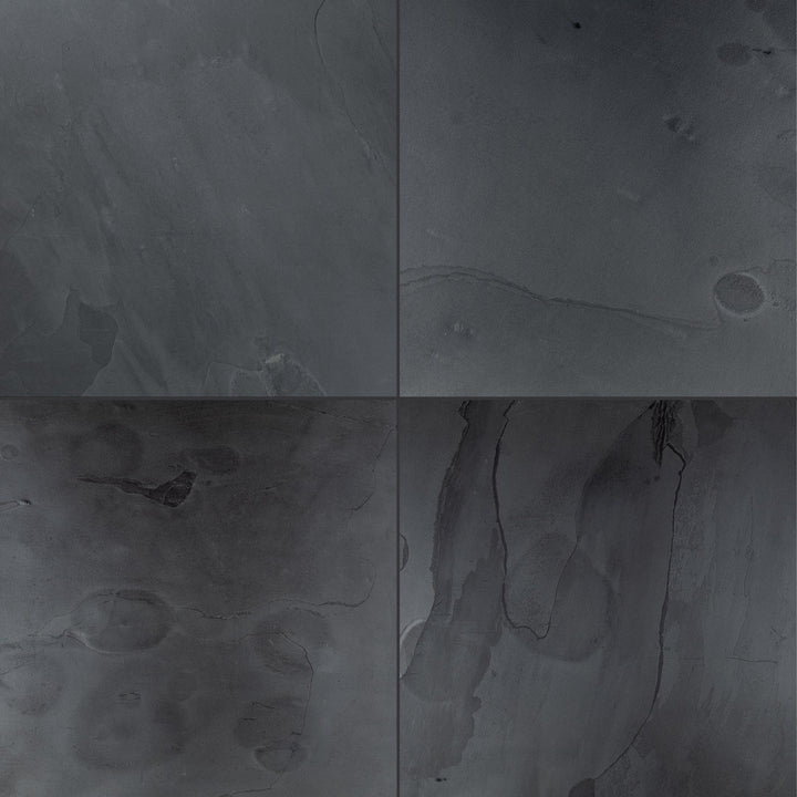 Full view of Indian Black Slate 24x24 Gauged Tile with bold black tone and subtle surface variation in a large square tile.