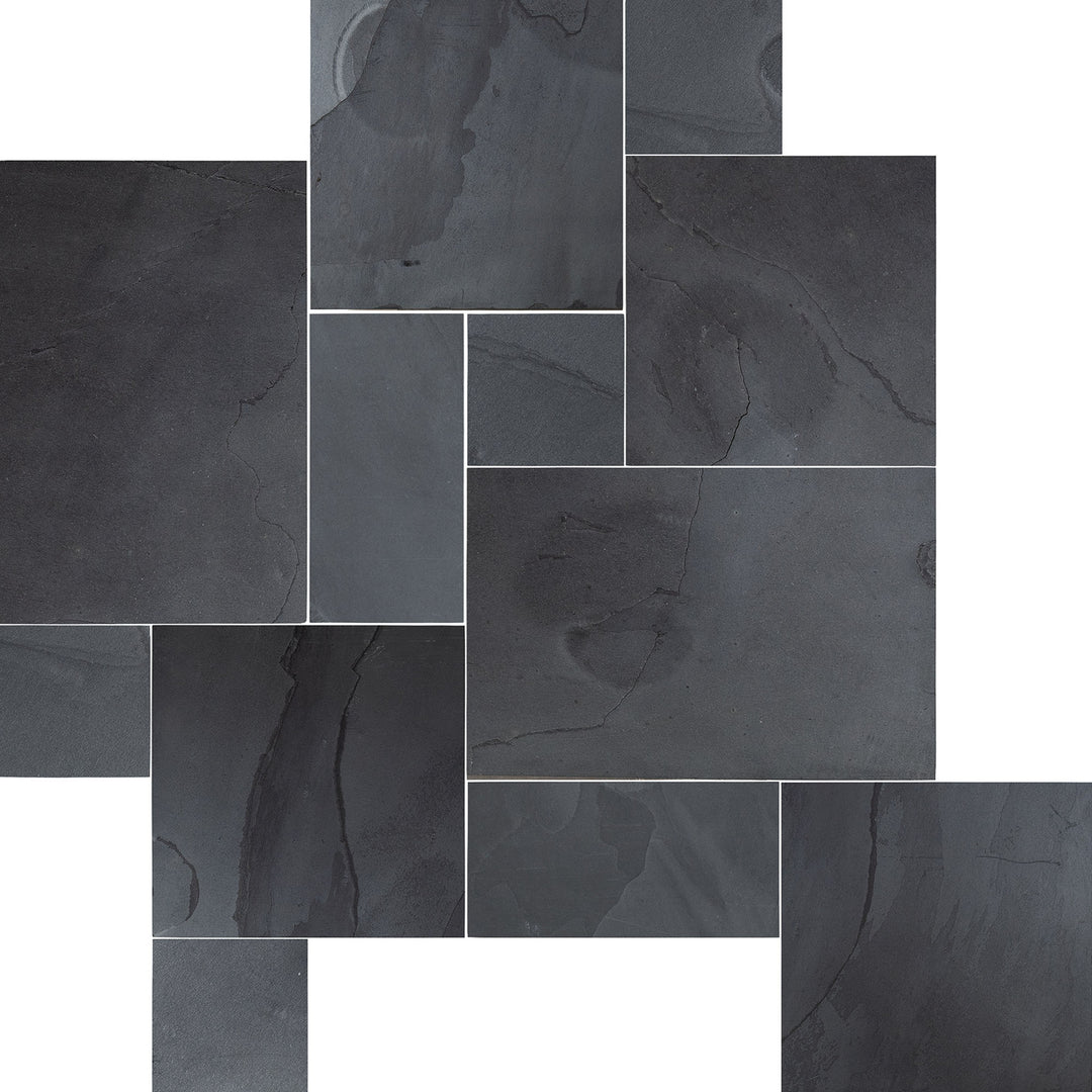 Clean view of Indian Black Slate Versailles Pattern Gauged Tile featuring modular sizes in a classic pattern with dark natural finish.