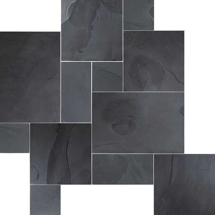 Clean view of Indian Black Slate Versailles Pattern Gauged Tile featuring modular sizes in a classic pattern with dark natural finish.